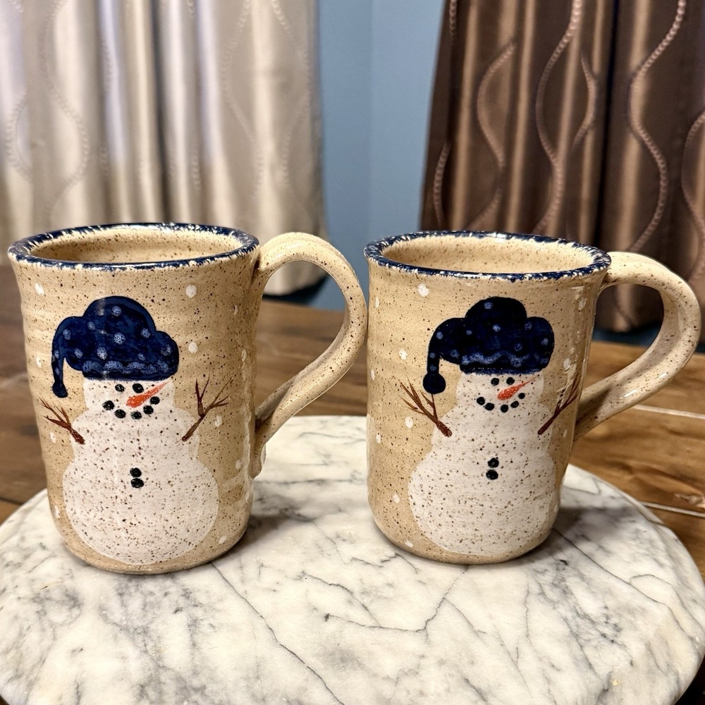 2pc VTG 2006 Three Rivers Liberty Pottery SNOWMAN Mug Becky Hand Painted Sarah